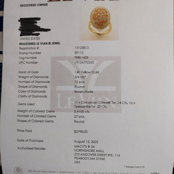 NWOT LeVian Diamond, Citrine, Spessartite Garnet 14K YG Ring size 7 - Picture 3 of 3